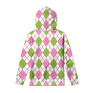 Pink Green And White Argyle Print Pullover Hoodie