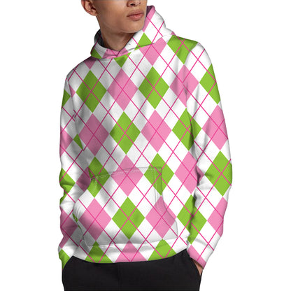 Pink Green And White Argyle Print Pullover Hoodie