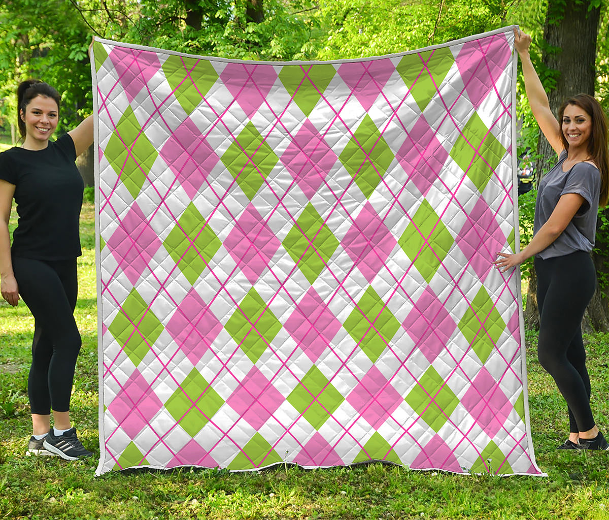 Pink Green And White Argyle Print Quilt