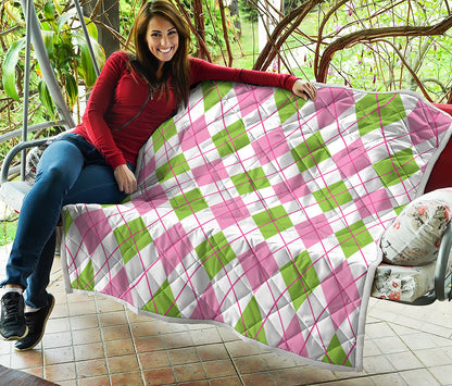 Pink Green And White Argyle Print Quilt