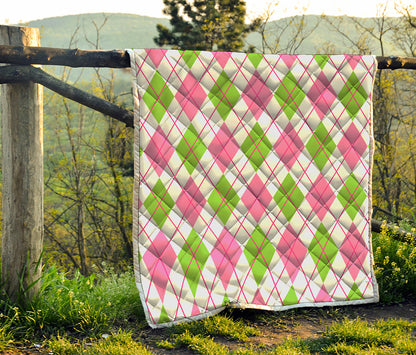 Pink Green And White Argyle Print Quilt