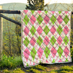 Pink Green And White Argyle Print Quilt