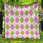 Pink Green And White Argyle Print Quilt