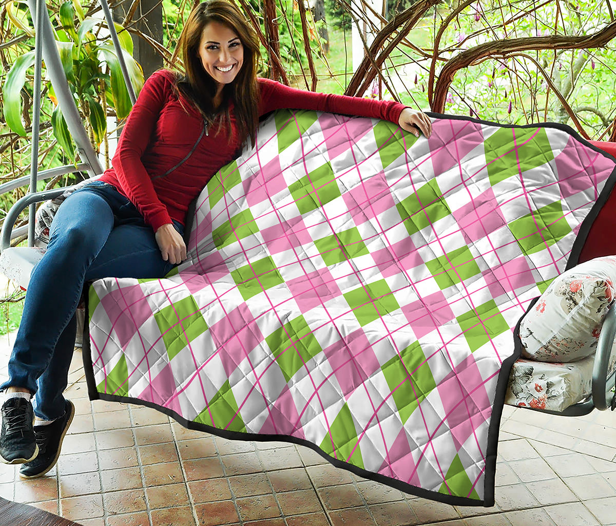 Pink Green And White Argyle Print Quilt