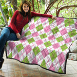 Pink Green And White Argyle Print Quilt