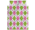 Pink Green And White Argyle Print Quilt Bed Set