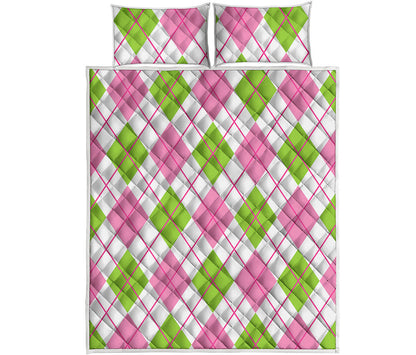 Pink Green And White Argyle Print Quilt Bed Set