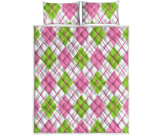 Pink Green And White Argyle Print Quilt Bed Set