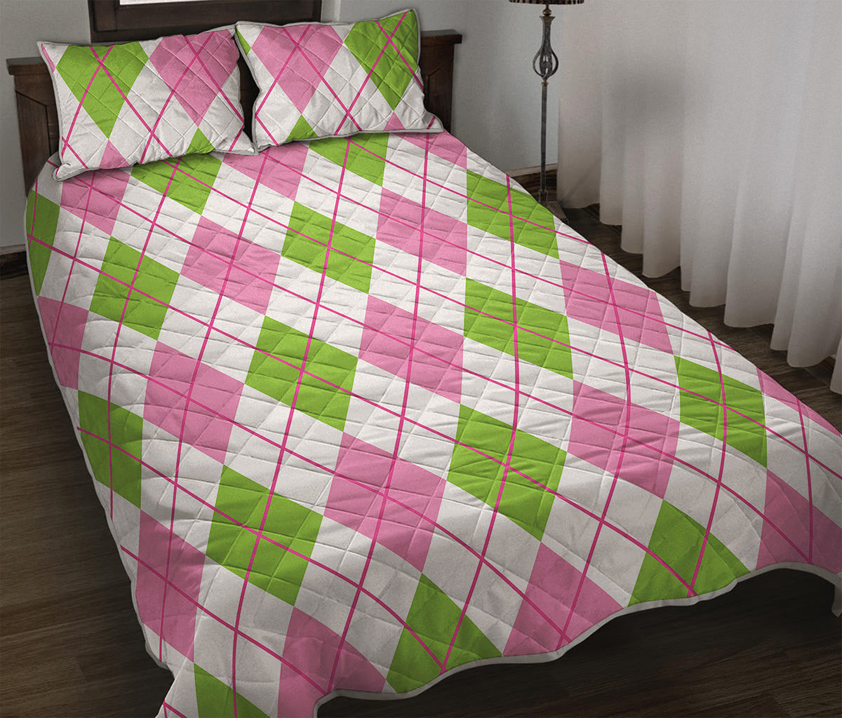 Pink Green And White Argyle Print Quilt Bed Set