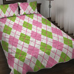 Pink Green And White Argyle Print Quilt Bed Set