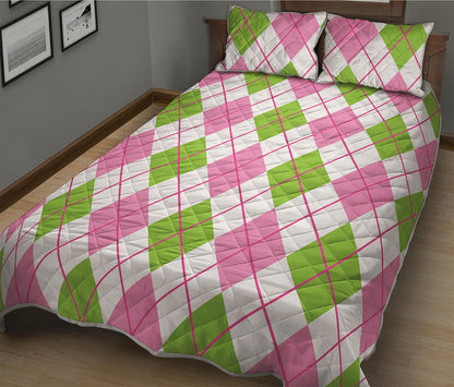 Pink Green And White Argyle Print Quilt Bed Set