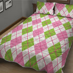 Pink Green And White Argyle Print Quilt Bed Set