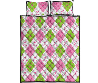 Pink Green And White Argyle Print Quilt Bed Set