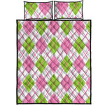 Pink Green And White Argyle Print Quilt Bed Set