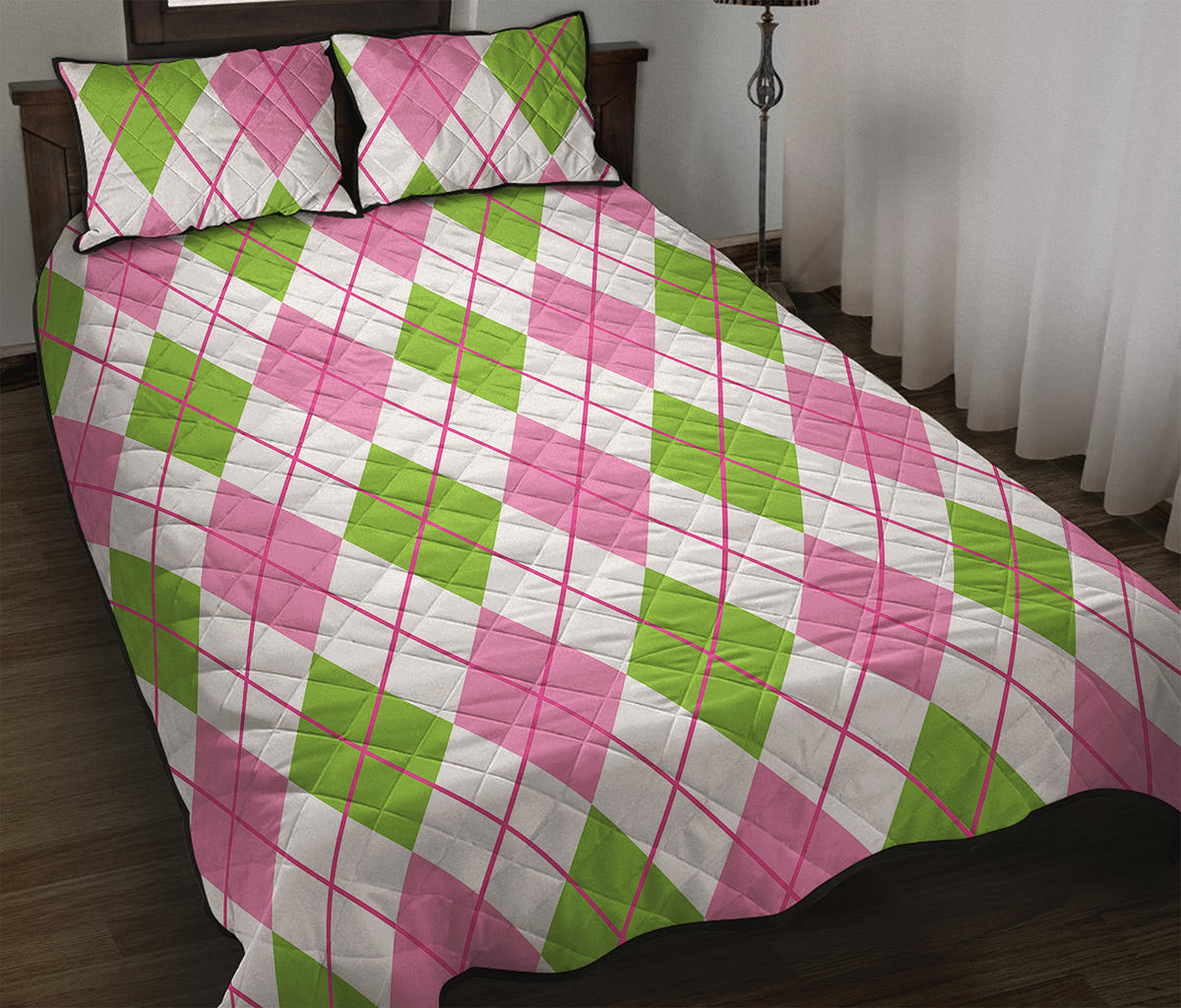 Pink Green And White Argyle Print Quilt Bed Set