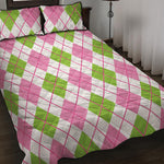 Pink Green And White Argyle Print Quilt Bed Set