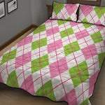 Pink Green And White Argyle Print Quilt Bed Set