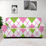 Pink Green And White Argyle Print Sofa Cover