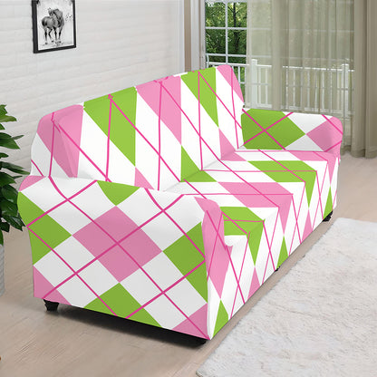 Pink Green And White Argyle Print Sofa Cover