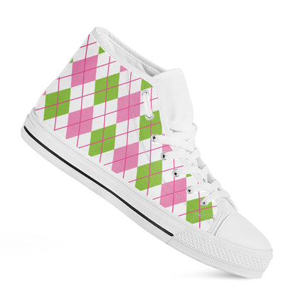 Pink Green And White Argyle Print White High Top Shoes