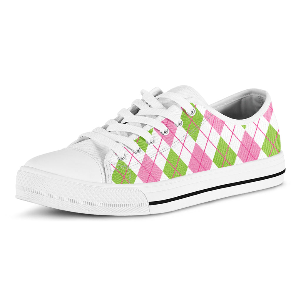 Pink Green And White Argyle Print White Low Top Shoes