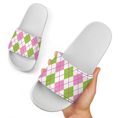 Pink Green And White Argyle Print White Slide Sandals