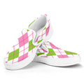 Pink Green And White Argyle Print White Slip On Sneakers