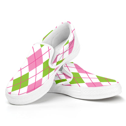 Pink Green And White Argyle Print White Slip On Shoes