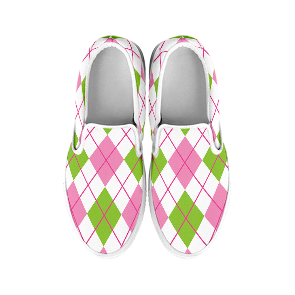 Pink Green And White Argyle Print White Slip On Shoes