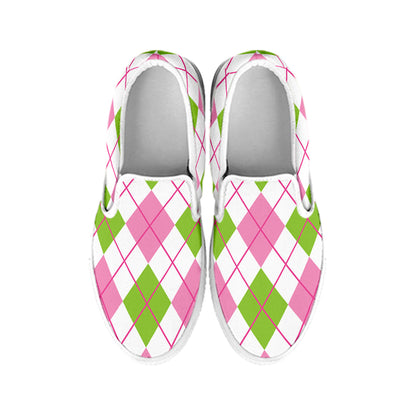 Pink Green And White Argyle Print White Slip On Shoes