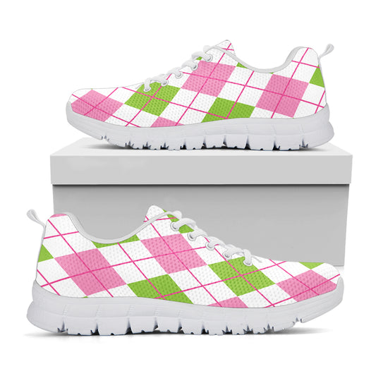 Pink Green And White Argyle Print White Sneakers