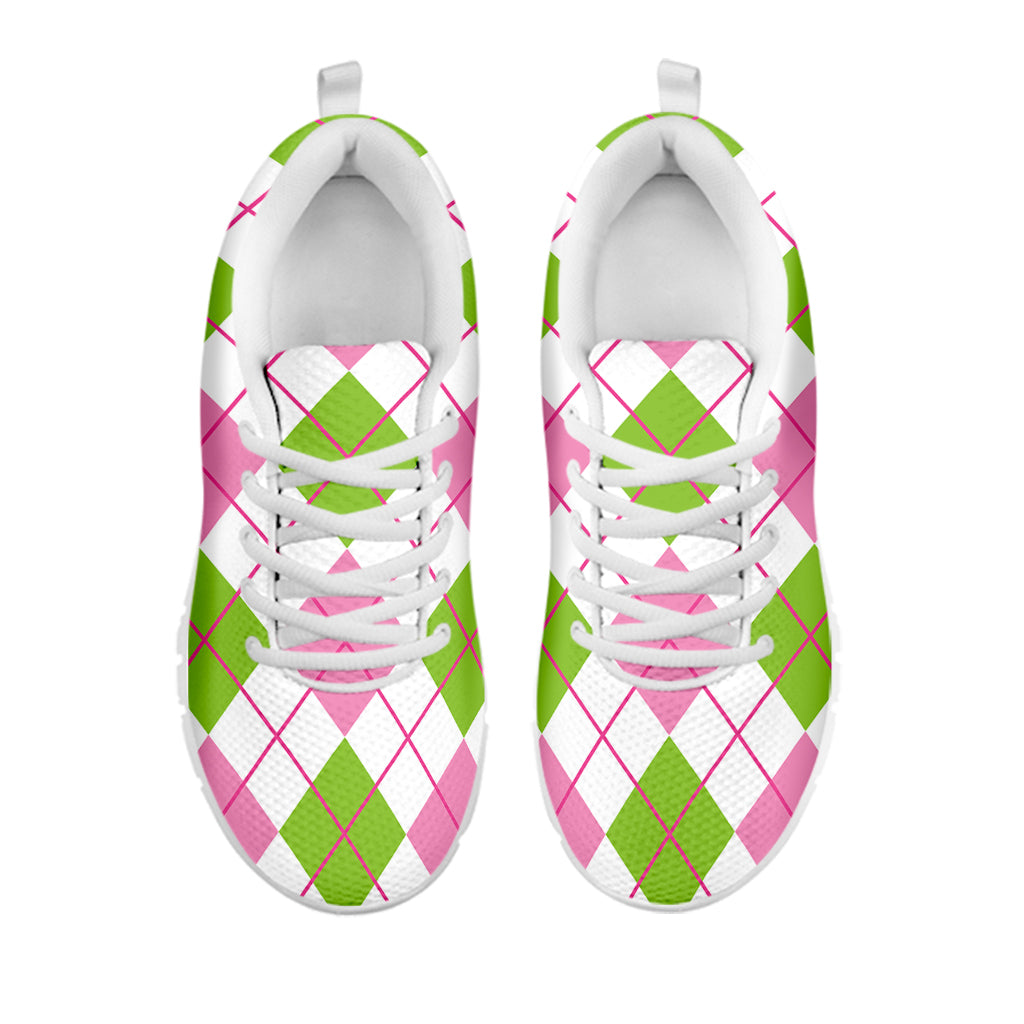 Pink Green And White Argyle Print White Sneakers