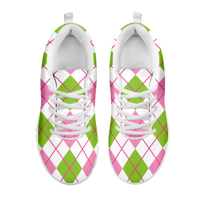 Pink Green And White Argyle Print White Sneakers