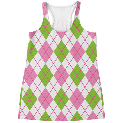 Pink Green And White Argyle Print Women's Racerback Tank Top