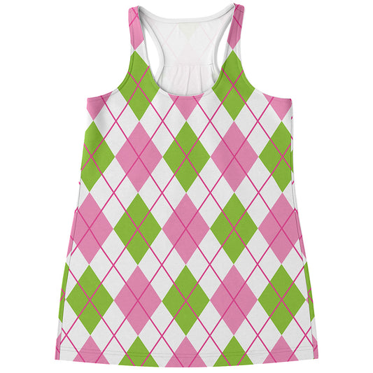 Pink Green And White Argyle Print Women's Racerback Tank Top