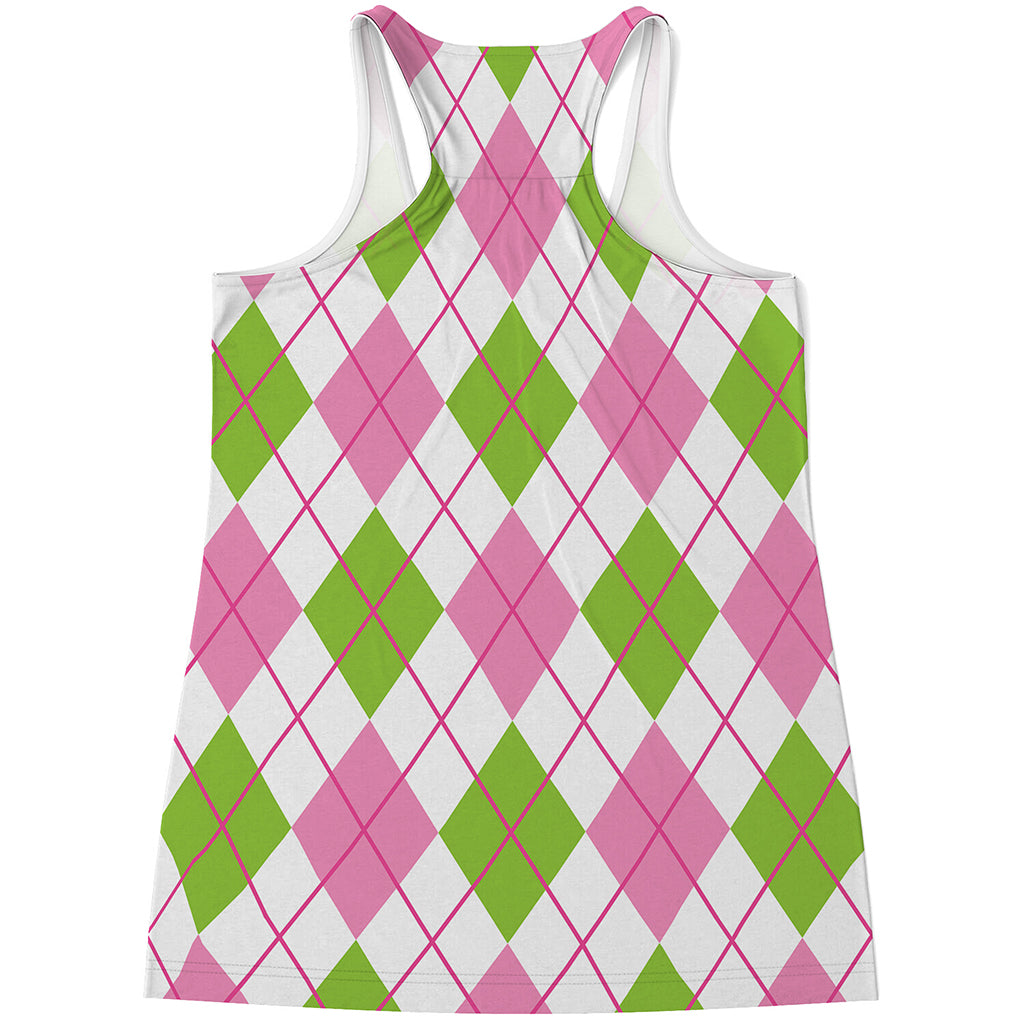 Pink Green And White Argyle Print Women's Racerback Tank Top