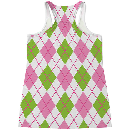 Pink Green And White Argyle Print Women's Racerback Tank Top