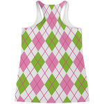 Pink Green And White Argyle Print Women's Racerback Tank Top