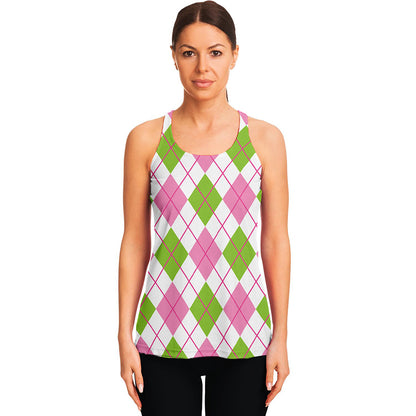Pink Green And White Argyle Print Women's Racerback Tank Top