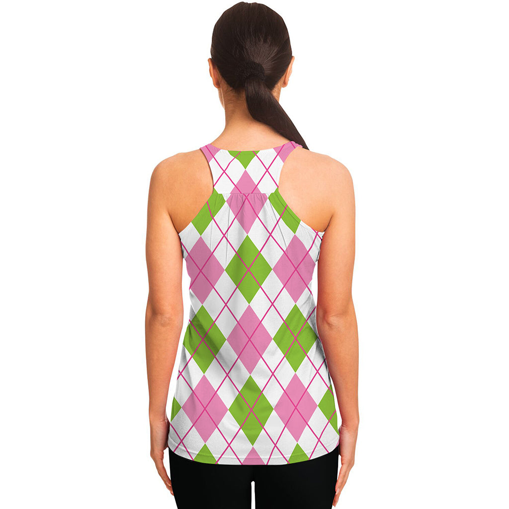 Pink Green And White Argyle Print Women's Racerback Tank Top