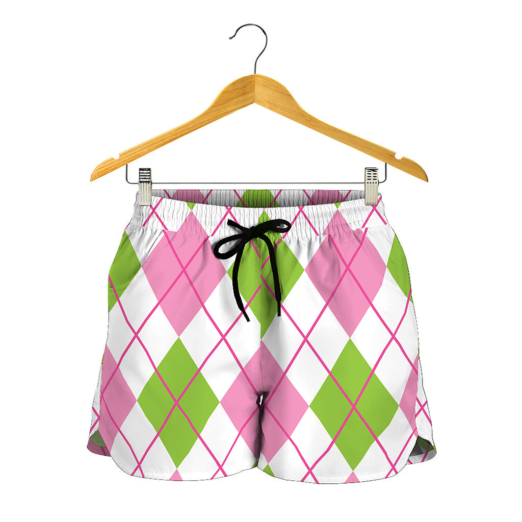 Pink Green And White Argyle Print Women's Shorts