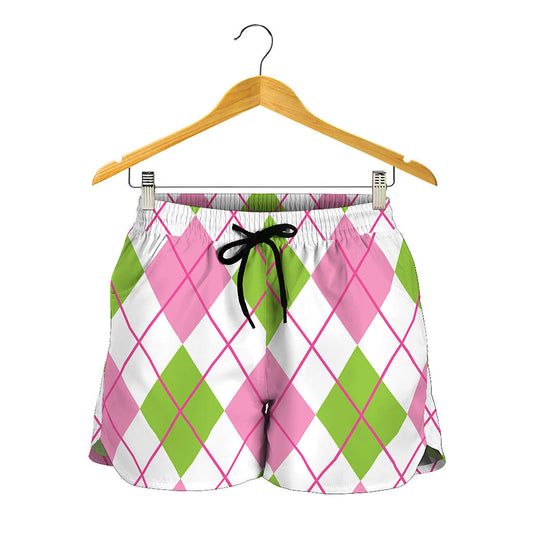 Pink Green And White Argyle Print Women's Shorts