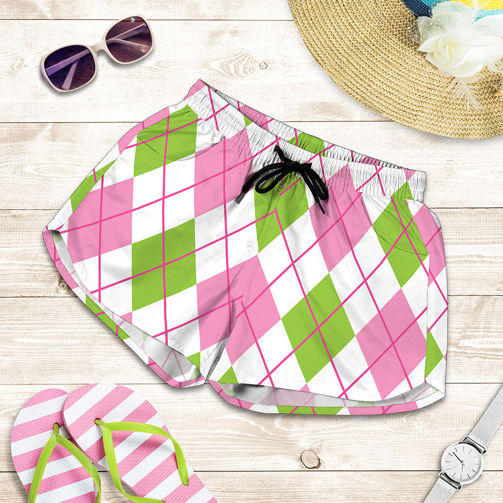 Pink Green And White Argyle Print Women's Shorts