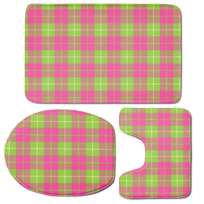 Pink Green And White Tartan Print 3 Piece Bath Mat Set