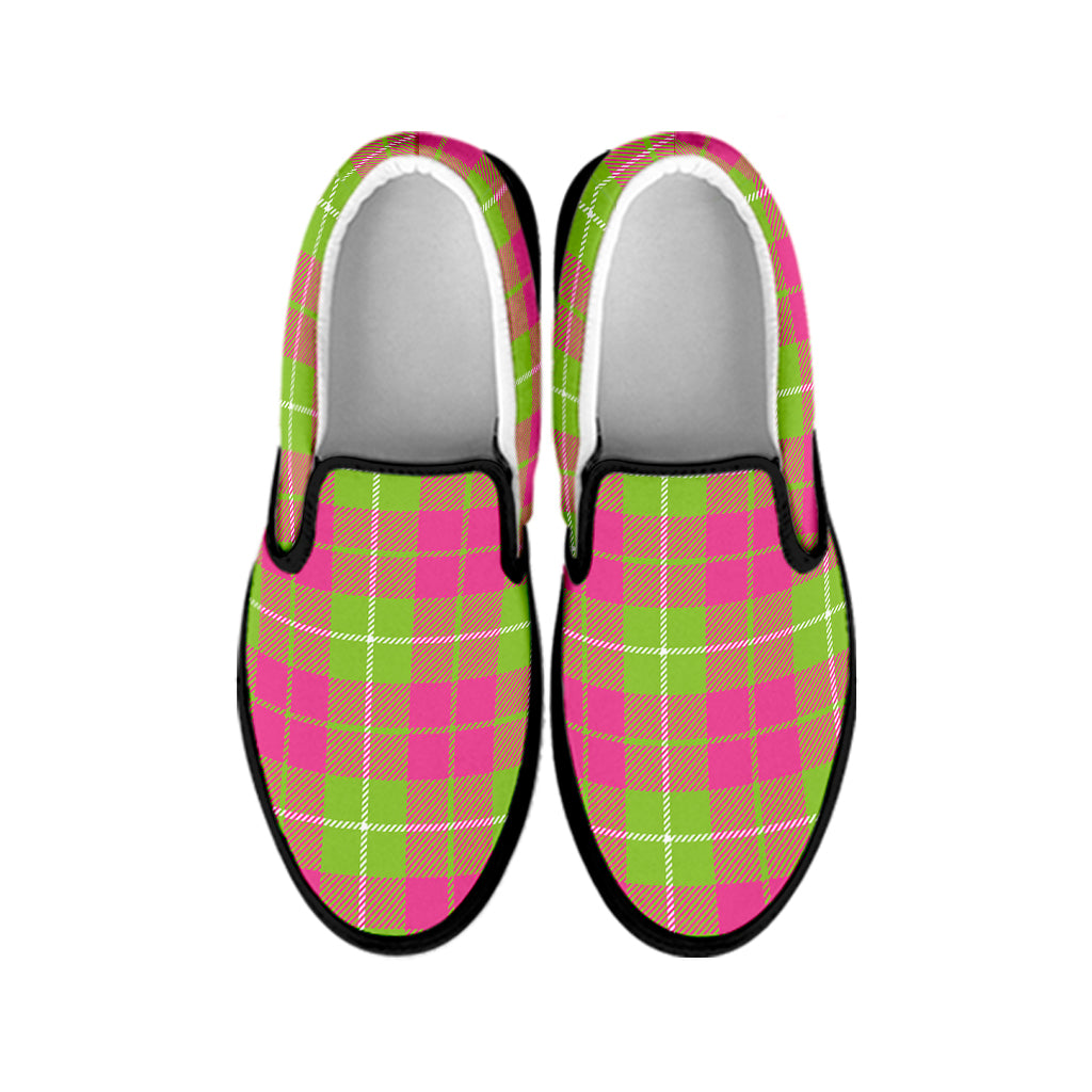 Pink Green And White Tartan Print Black Slip On Shoes
