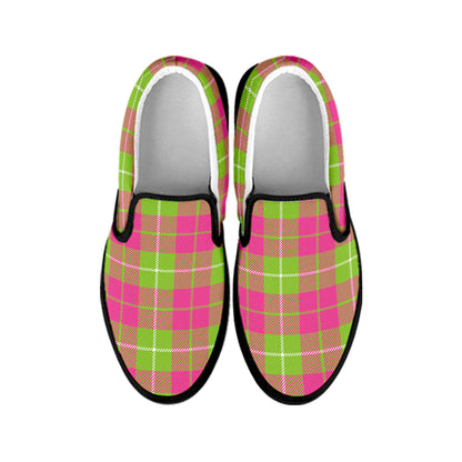 Pink Green And White Tartan Print Black Slip On Shoes