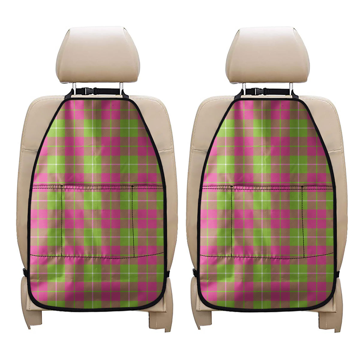 Pink Green And White Tartan Print Car Seat Organizers
