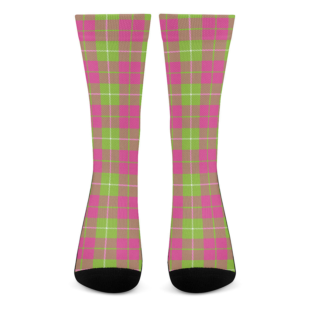 Pink Green And White Tartan Print Crew Socks