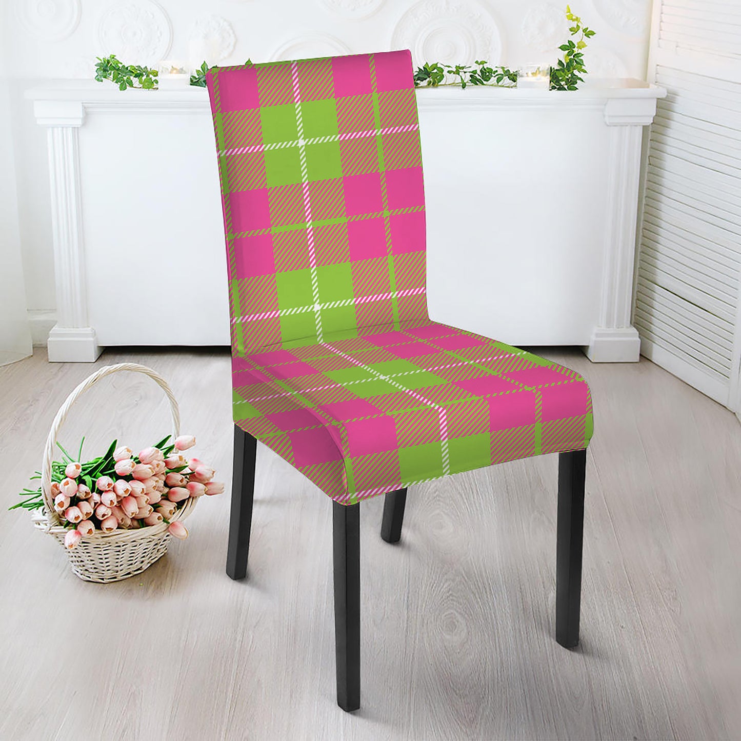 Pink Green And White Tartan Print Dining Chair Slipcover