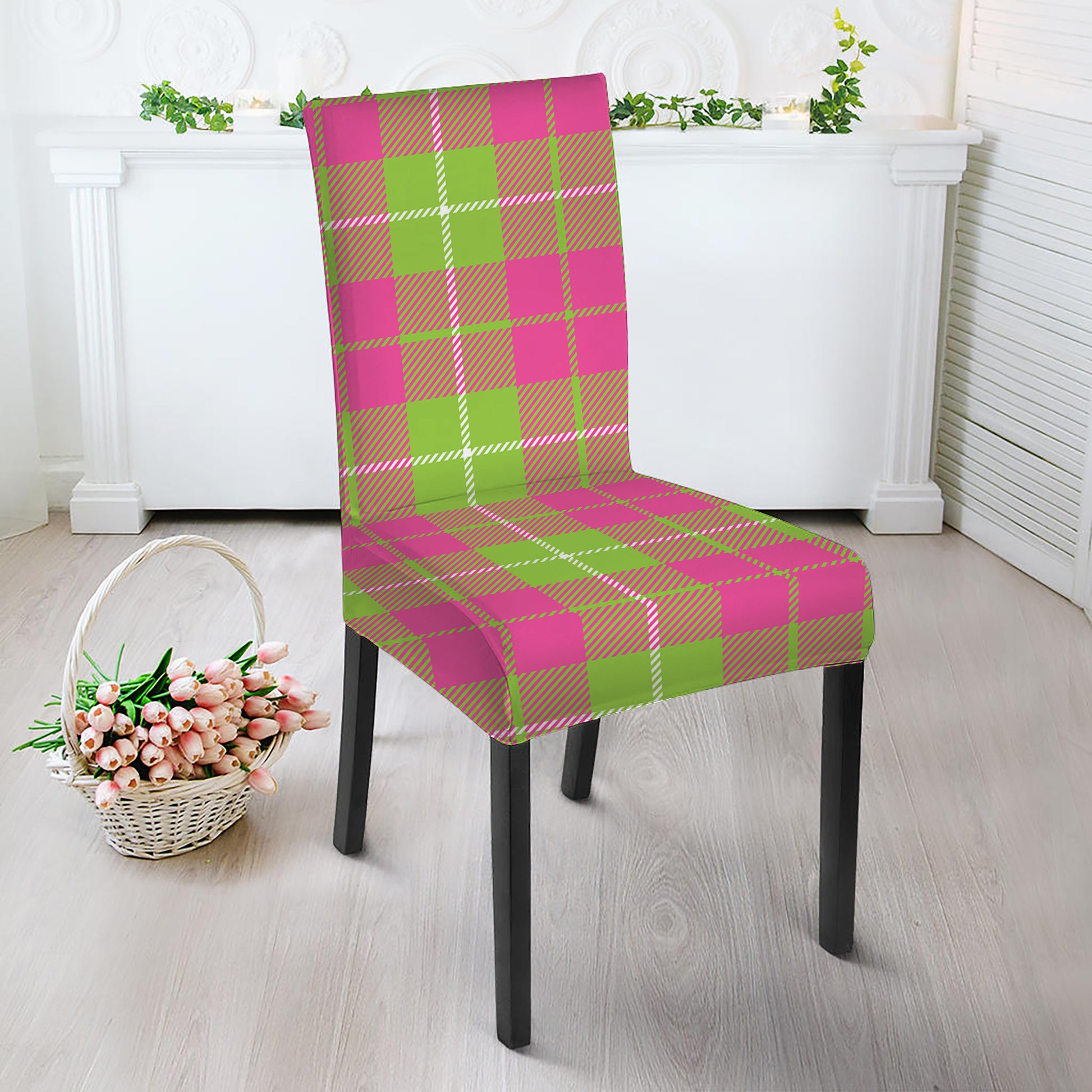 Pink Green And White Tartan Print Dining Chair Slipcover